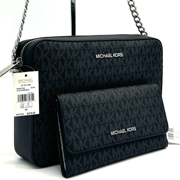 Michael Kors Large Jet Set Item EW Crossbody Bag & Large Trifold Wallet Black - Picture 1 of 11
